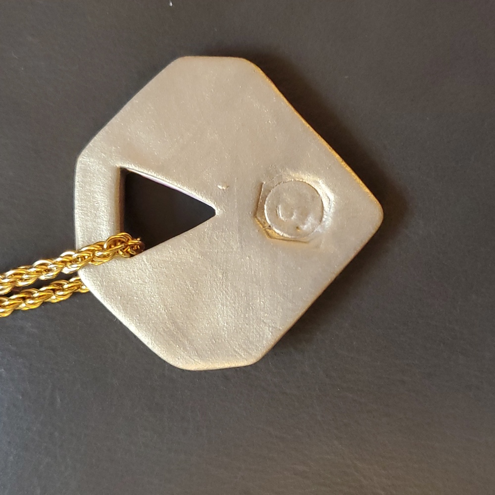 Vintage Gold Purple Blue Hand Painted Artist Signed Geometric Pendant Necklace - Picture 5 of 12